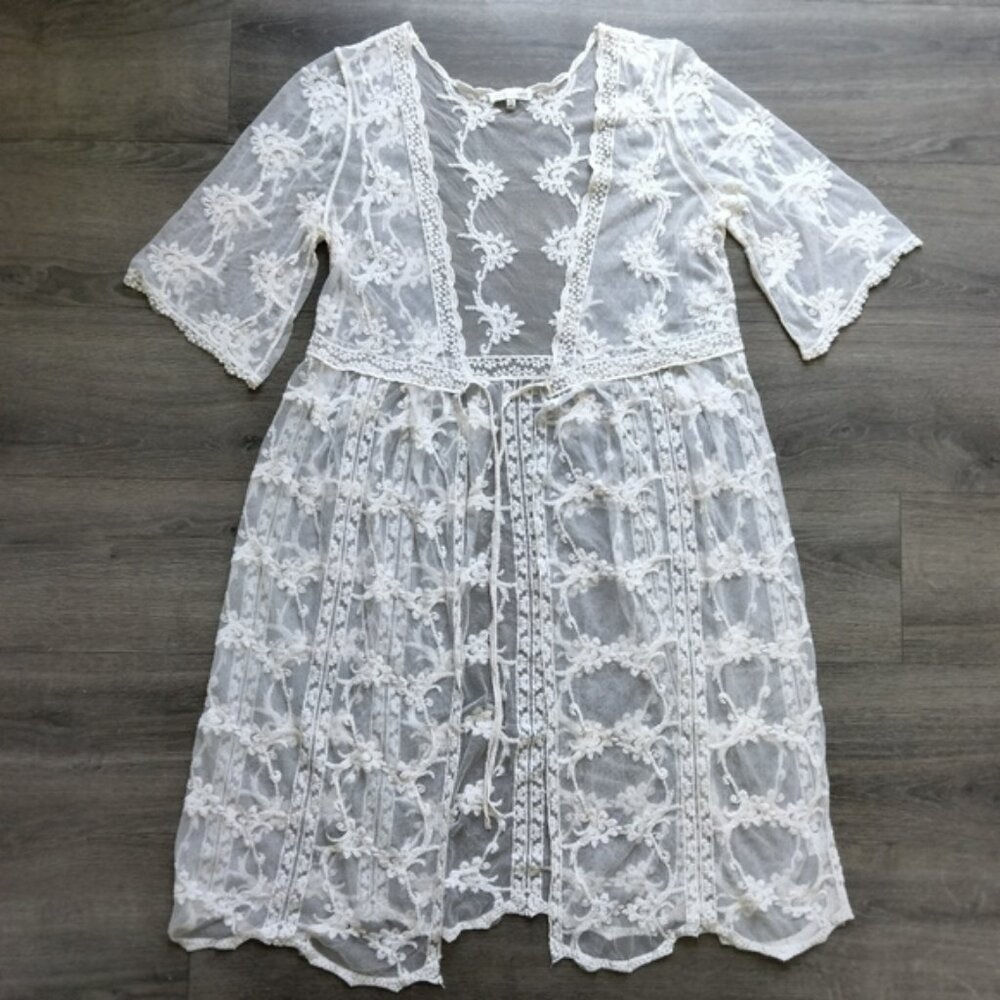 Woven Heart Ivory White Lace Maxi Beach Cover Up Kimono Size XL